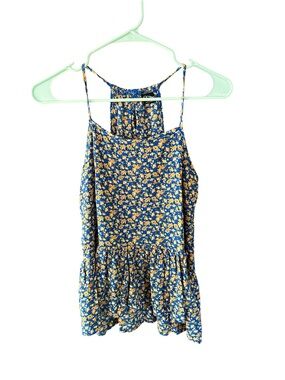 Art Class Bright Blue Gold Small Floral Straps Ruffle Hi-Lo Hem Top Sz L 10/12